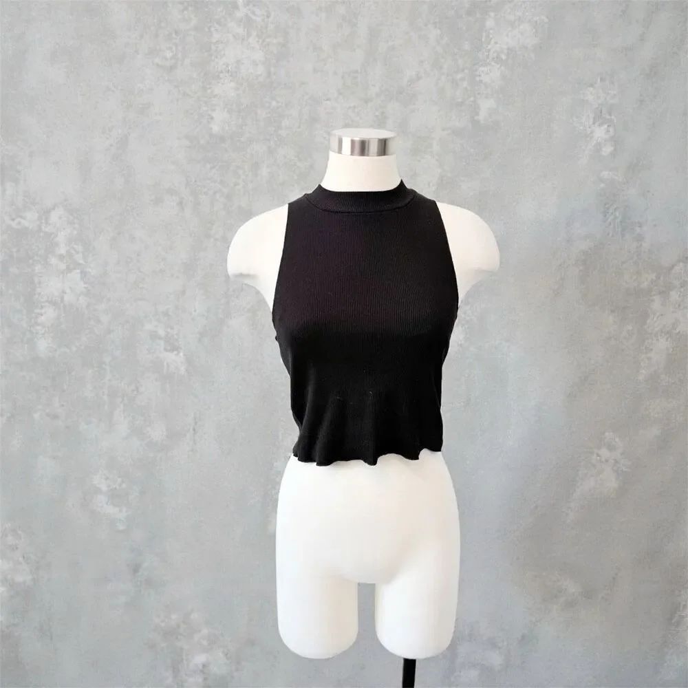 Zara Black Ribbed Knit Mock Neck Turtleneck Top Cropped Medium Tank Basic